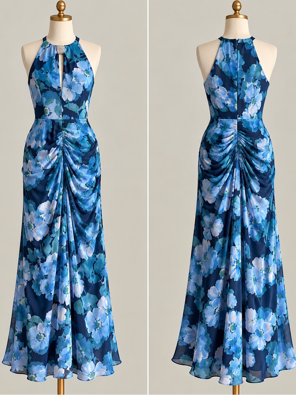 Betsy & Adam Navy and Sky Blue Floral Halter Maxi Dress